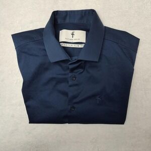 Father Sons Shirt Mens Large Blue Stretch Slim Fit Short Sleeve Collared Dress